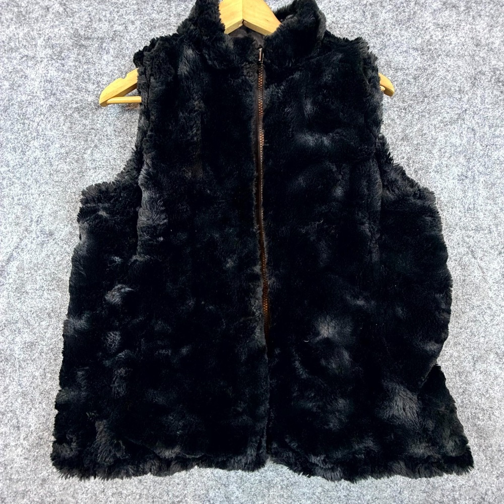 Nicole Miller Reversible Vest Womens Medium Black Faux Fur Quilted Puffer Zip Up